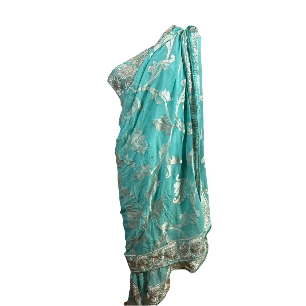 Indian Blue Silver Embroidery Resham Gotta Doppata Large Size 92 X 40